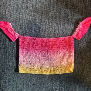 Pink and Yellow Smocked Off-Shoulder Top